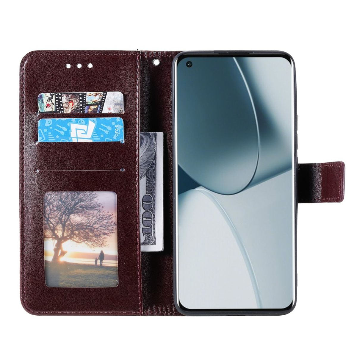 Eine braune Handyhülle mit Karten und einem Telefon darin. Sie ist offen.