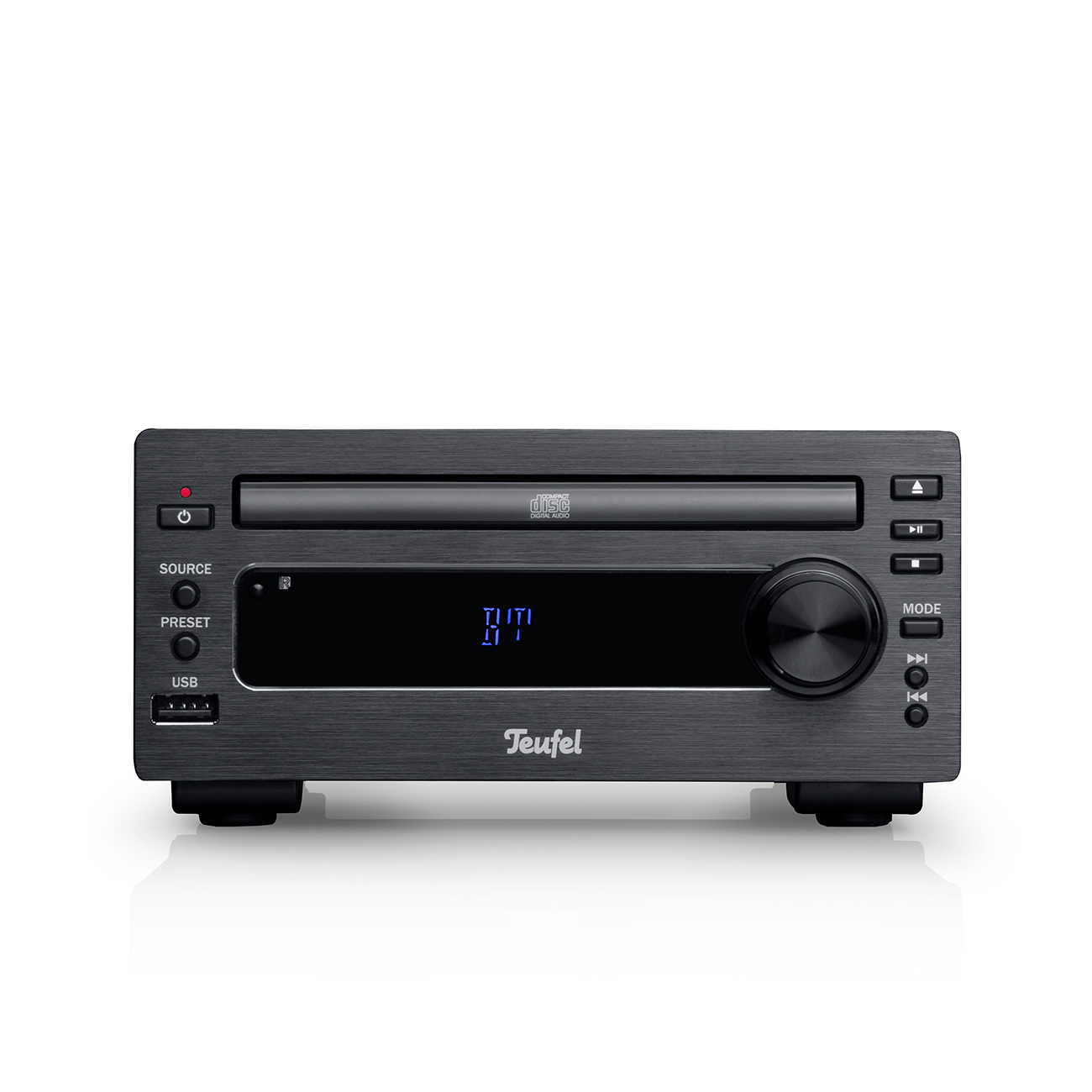 Ein schwarzer Teufel Stereo-Receiver mit Display und Bedienelementen. Er steht auf weißem Grund.