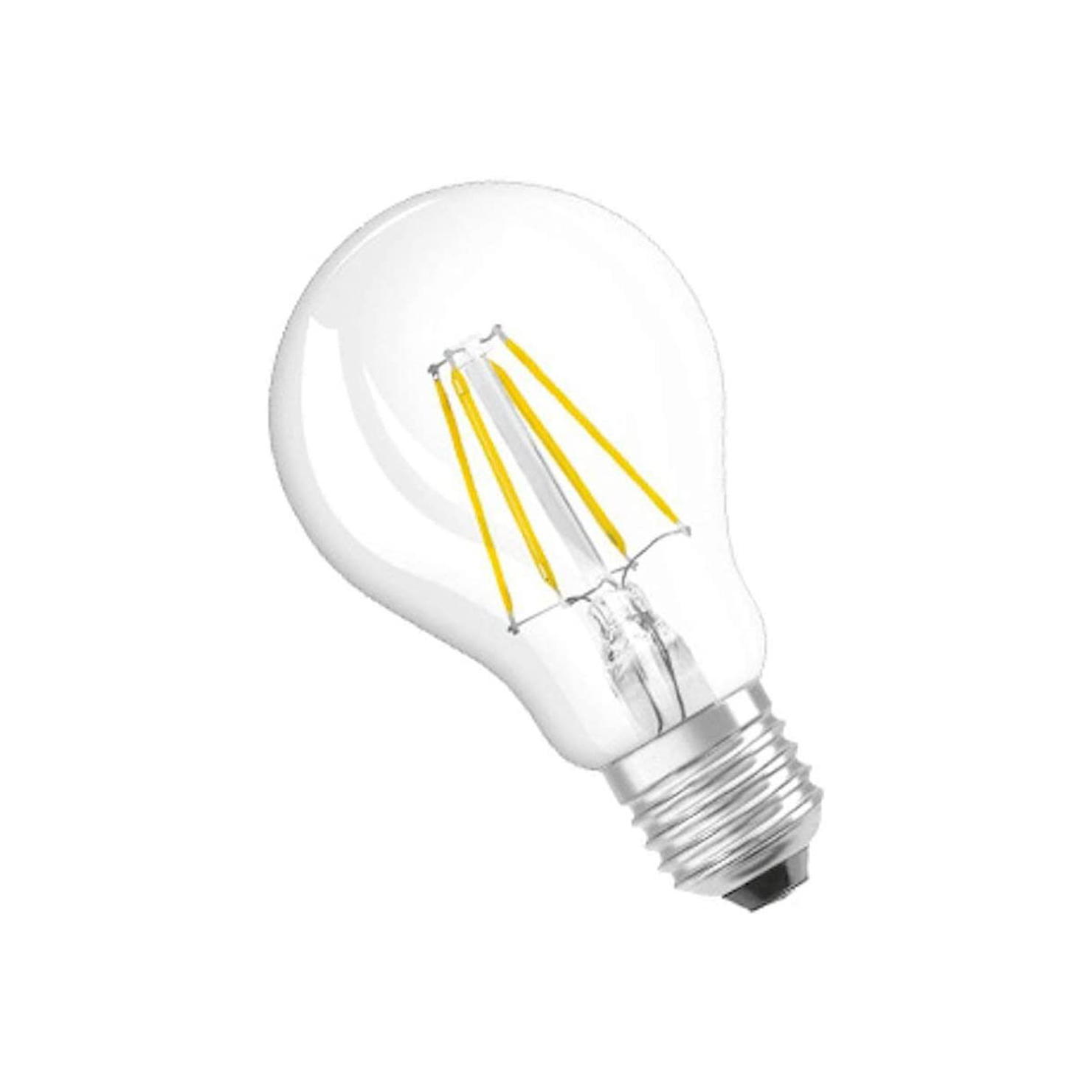 Primo piano di una lampadina con filamenti gialli e base argentata su sfondo bianco.