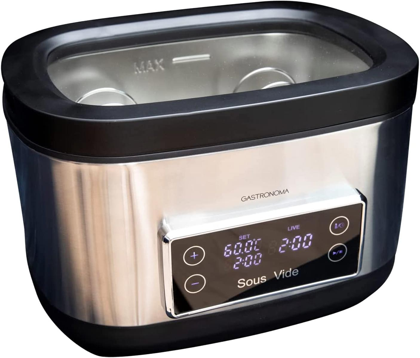 Stainless steel Sous Vide with a digital display showing temperature and time.