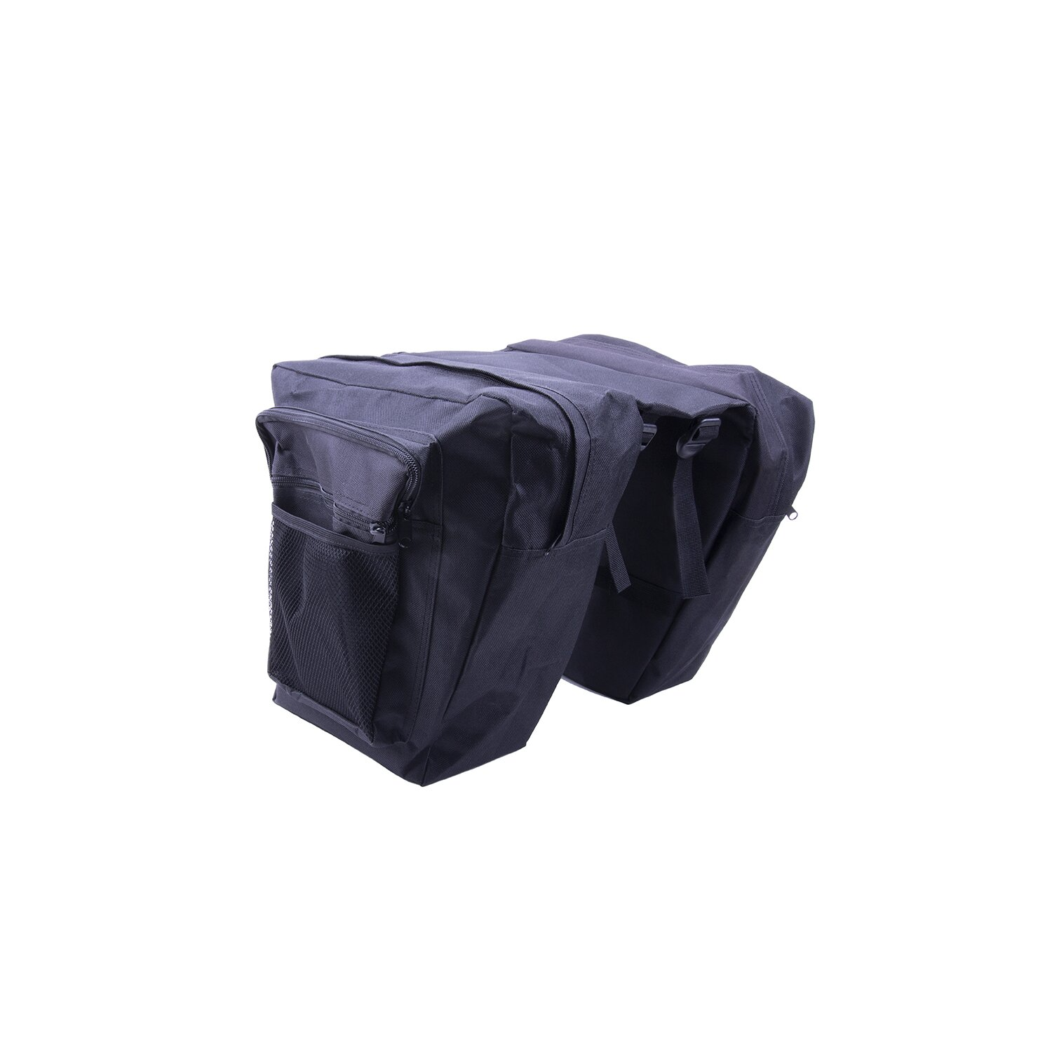 Schwarze Fahrradpacktaschen mit mehreren Fächern und einer Netztasche. Weißer Hintergrund.