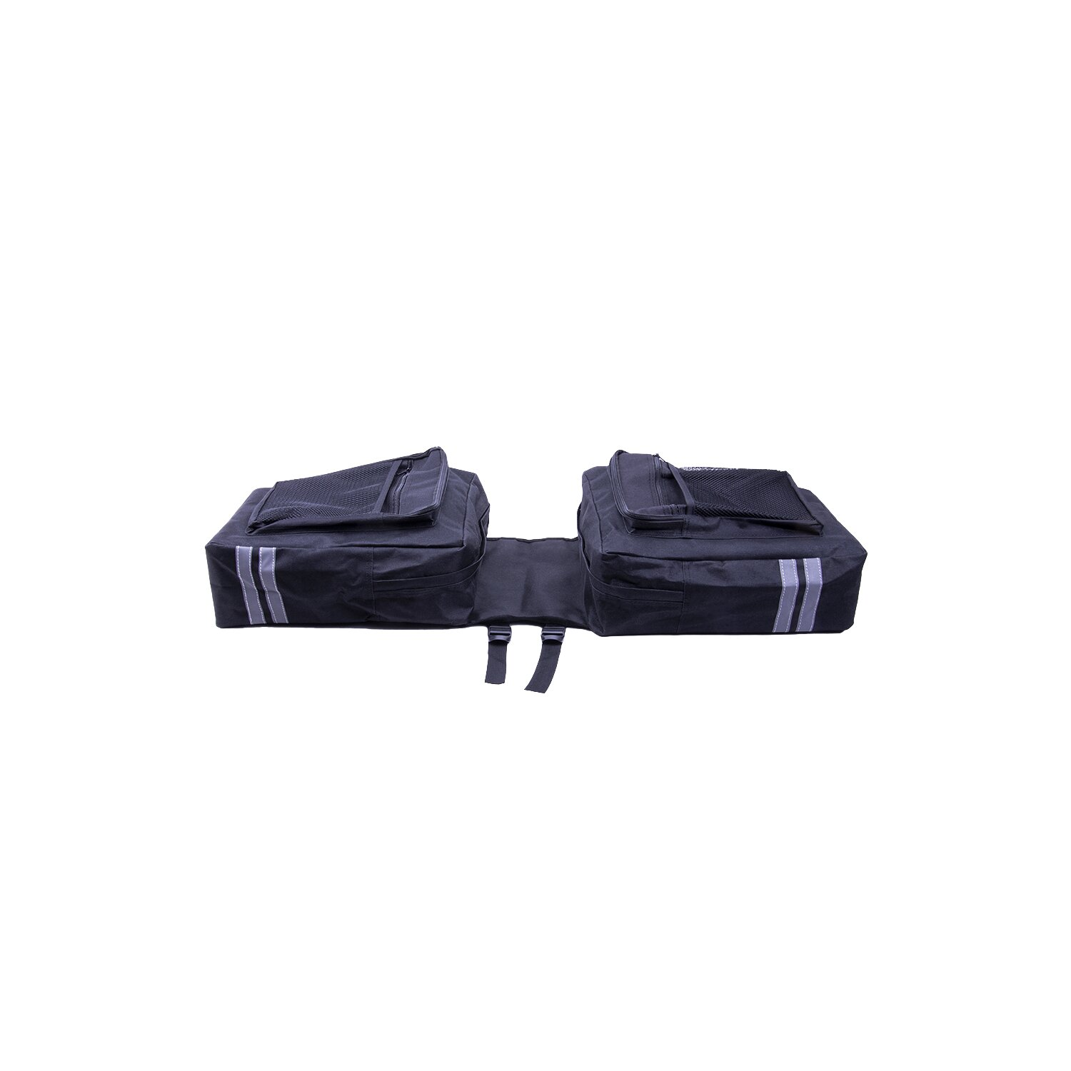 Schwarze Satteltaschen auf weißem Hintergrund. Jede Tasche hat reflektierende Streifen und einen Griff.