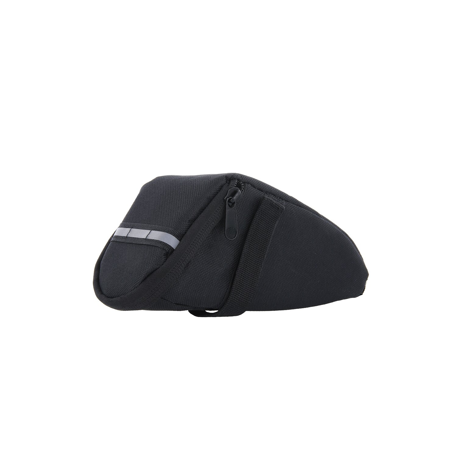Schwarze Fahrradtasche mit Reißverschluss, reflektierendem Streifen und Gurt, isoliert auf Weiß.