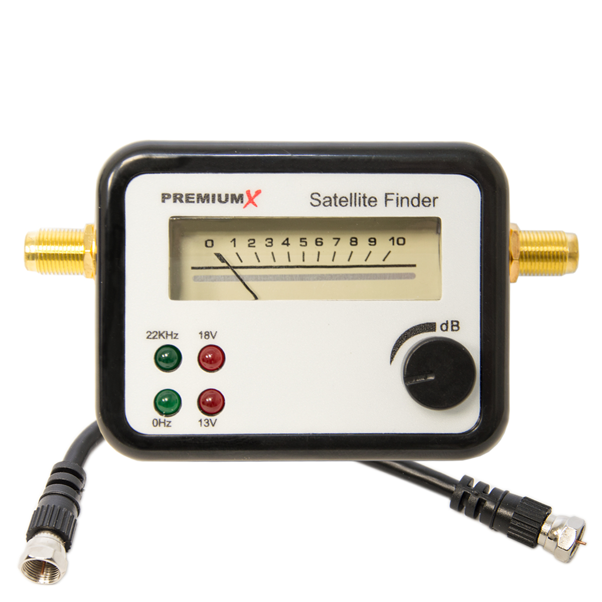 Satellitenfinder mit Drehknopf und Anschlusskabeln.