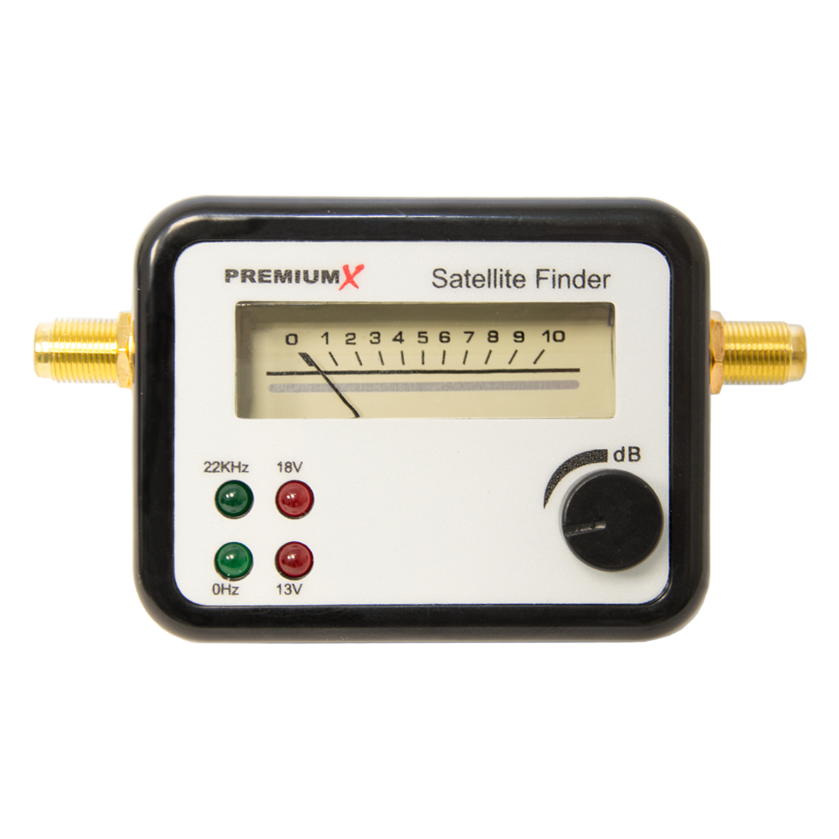 Ein schwarz-weißer Satellitenfinder mit Knöpfen und einem Drehregler, mit 'PREMIUMX' und 'Satellite Finder'.