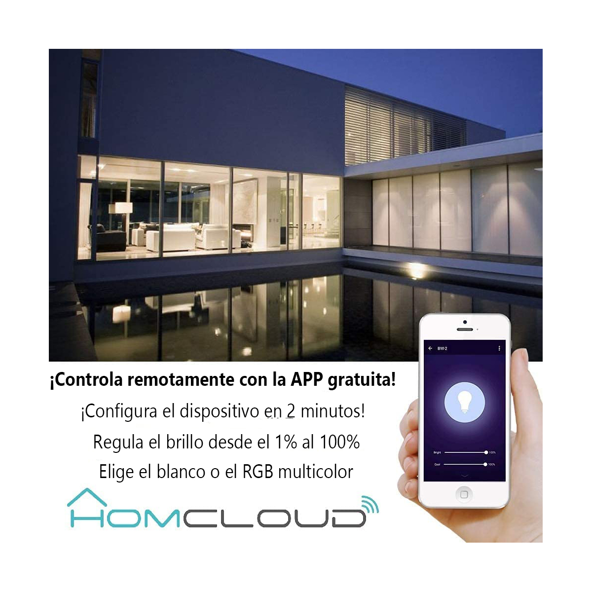 Immagine smartphone con app casa intelligente, casa moderna e acqua di notte.
