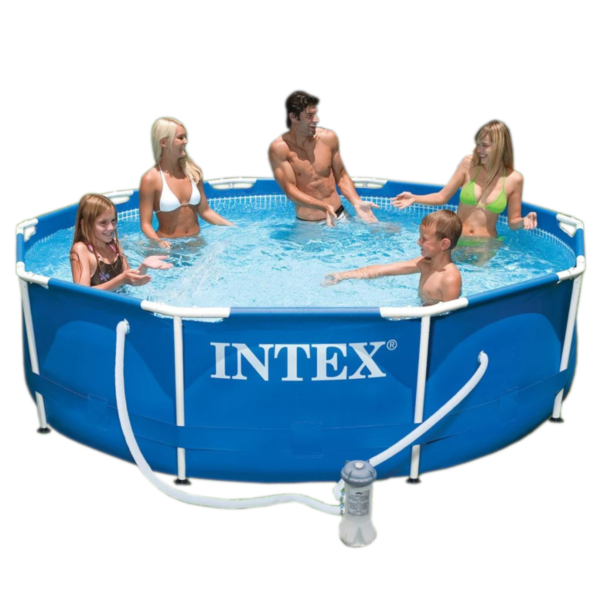 Leute in einem blauen Intex-Pool mit Filter.