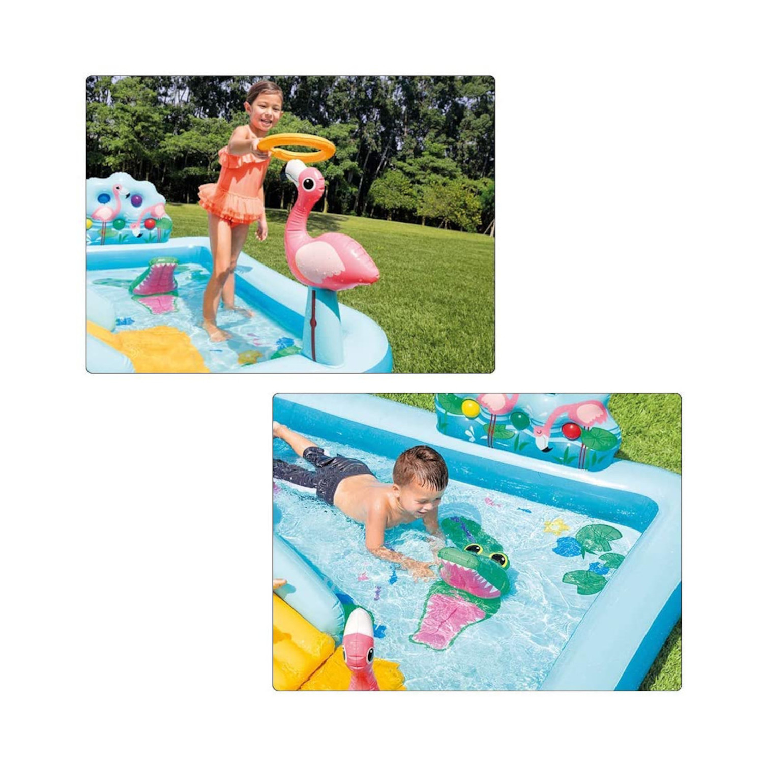 Basen z dziewczynką, chłopcem i nadmuchiwanymi zabawkami w kształcie flaminga i aligatora.