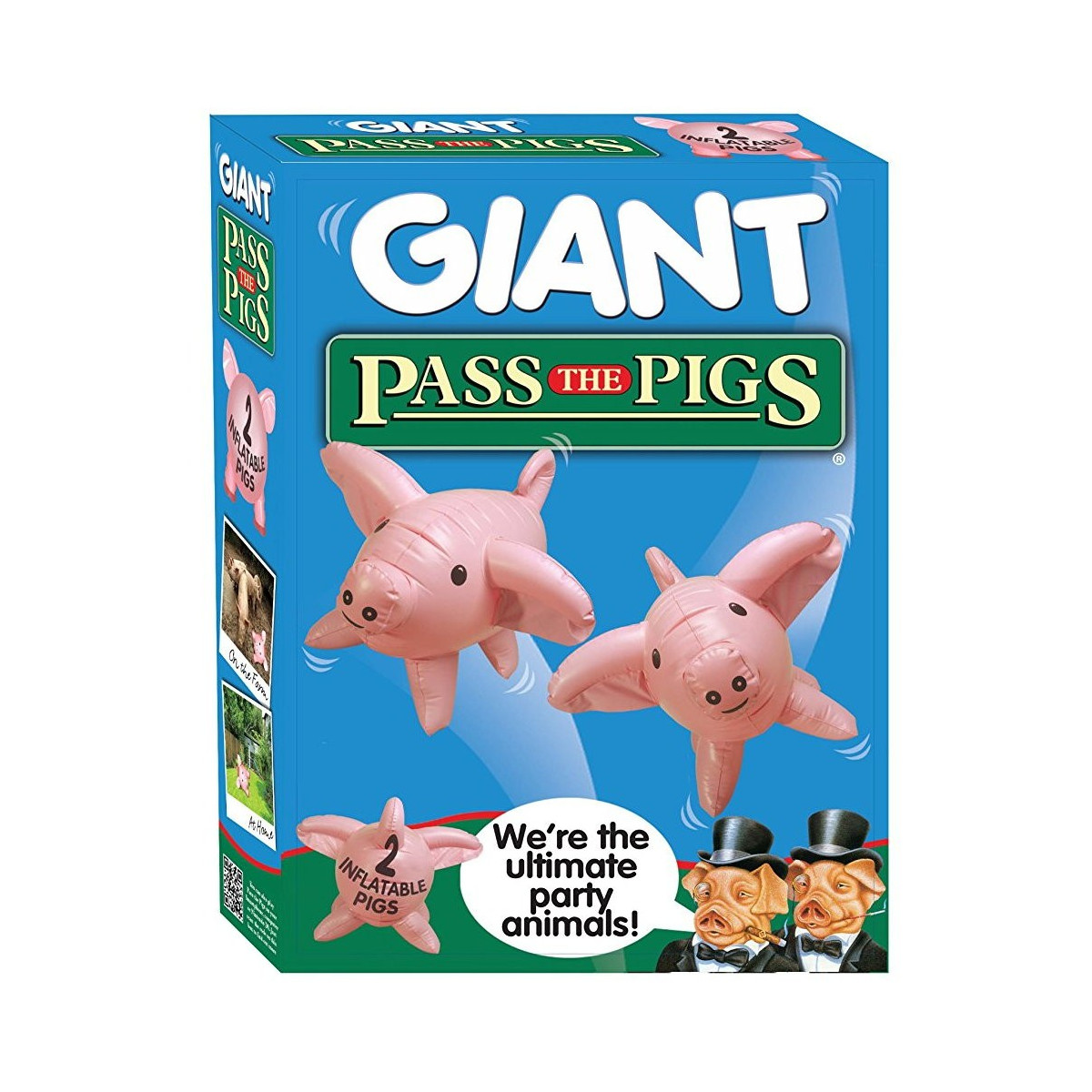 Eine Spielbox mit zwei aufblasbaren Schweinen und Text. Die Schweine sind rosa und haben Partyhüte.