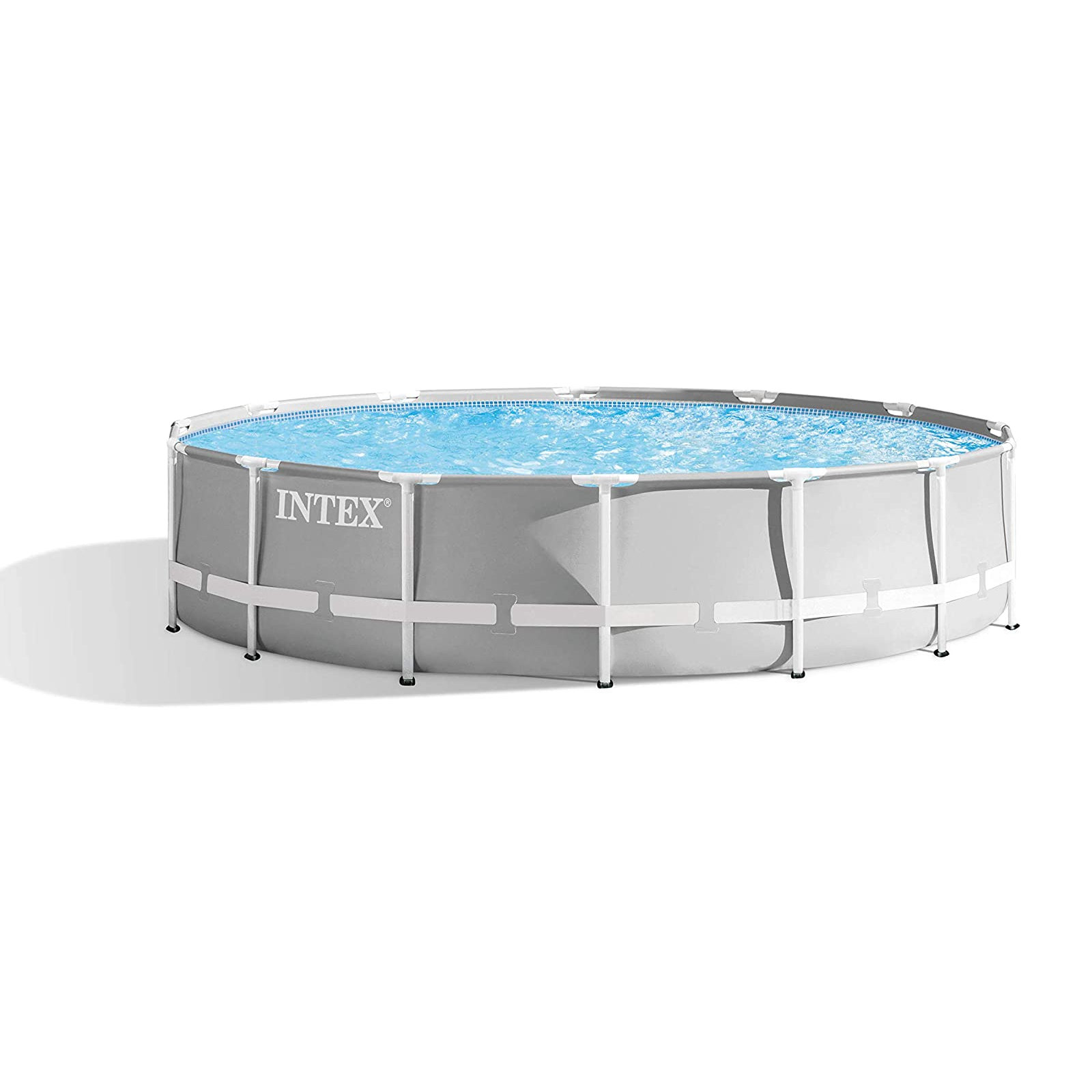 Aufstellpool mit grauem Außenbereich und blauem Wasser. Weiße Stützen und Rahmen.