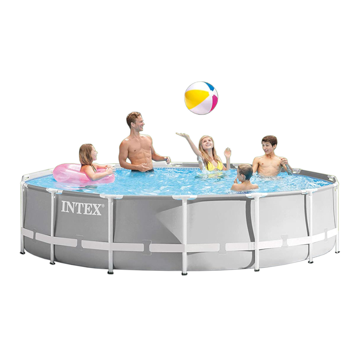 Menschen in einem Intex-Pool, spielen mit einem Strandball. Hintergrund zeigt Poolstruktur.