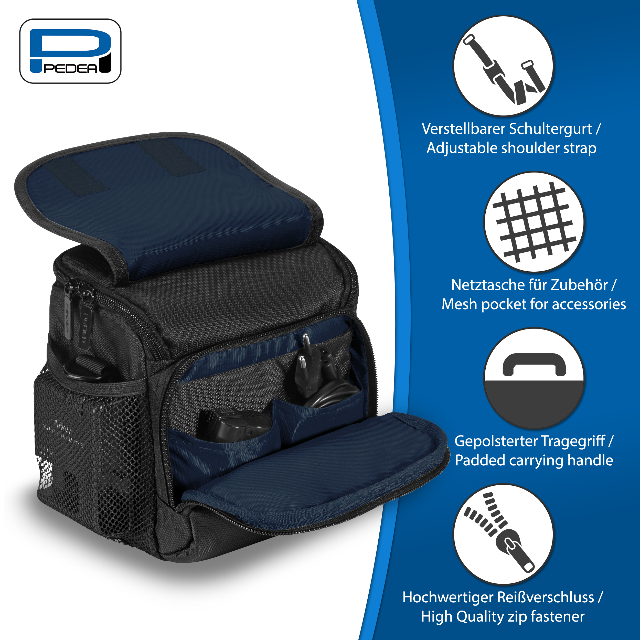 Schwarze Kameratasche mit offenen Taschen, Schultergurt, Netztasche, Reißverschluss. Blaue Akzente und weißer Text.