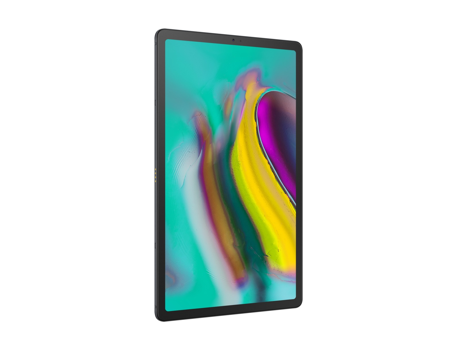 Una tableta negra con una pantalla colorida, que muestra una combinación de colores.