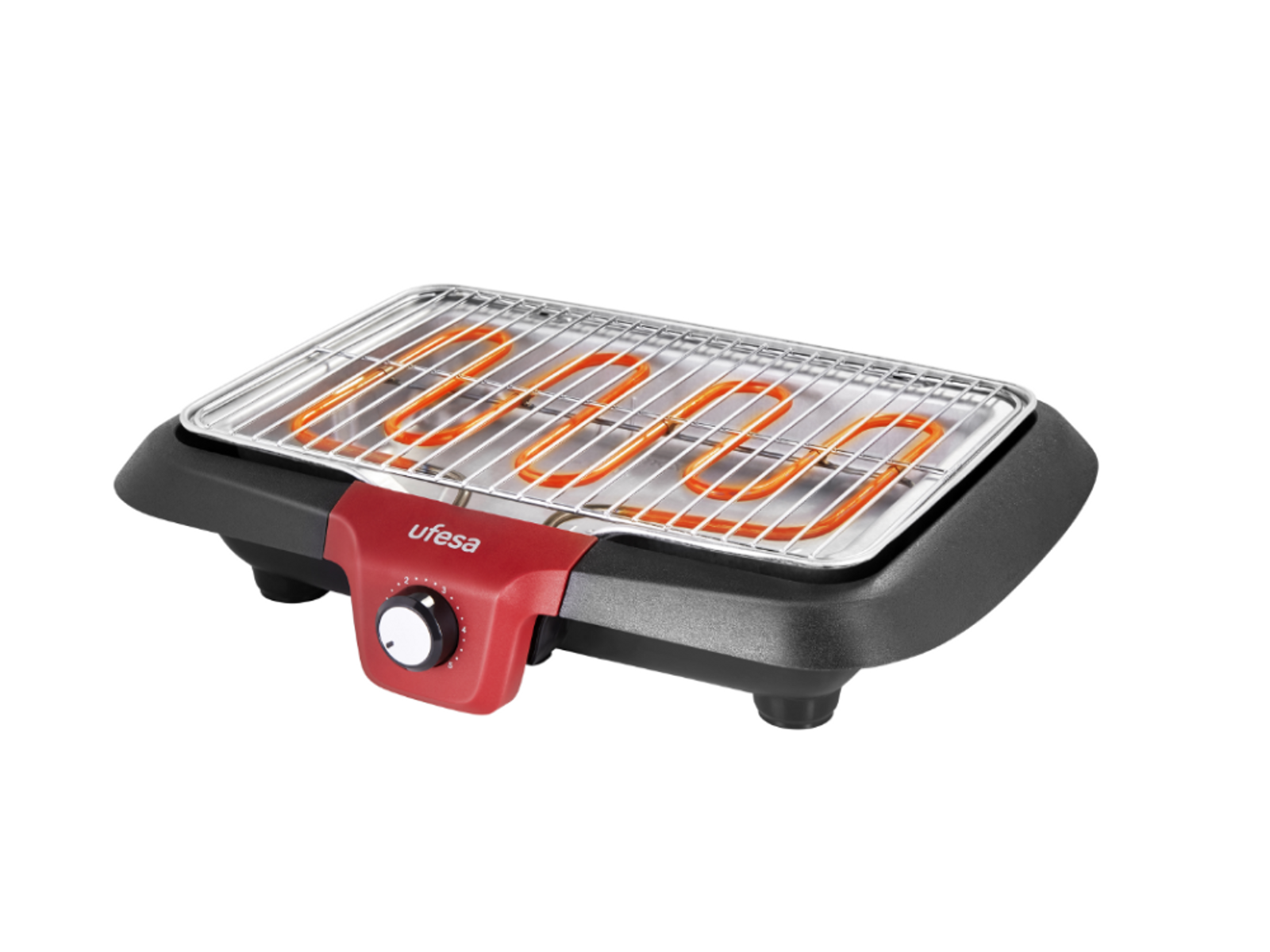 Una griglia elettrica con pannello di controllo rosso ed elemento riscaldante argentato su base nera.