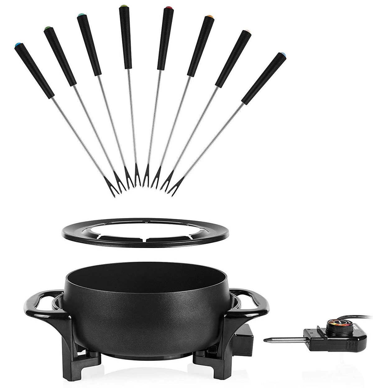 Czarny garnek do fondue z widelcami, elementem grzejnym i regulacją temperatury.