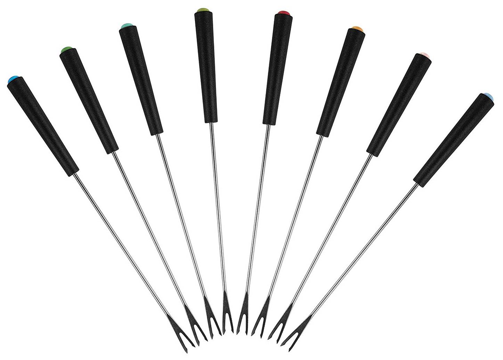 Zestaw ośmiu widelców do fondue z czarnymi uchwytami i różnokolorowymi końcówkami, rozłożonych na białej powierzchni.