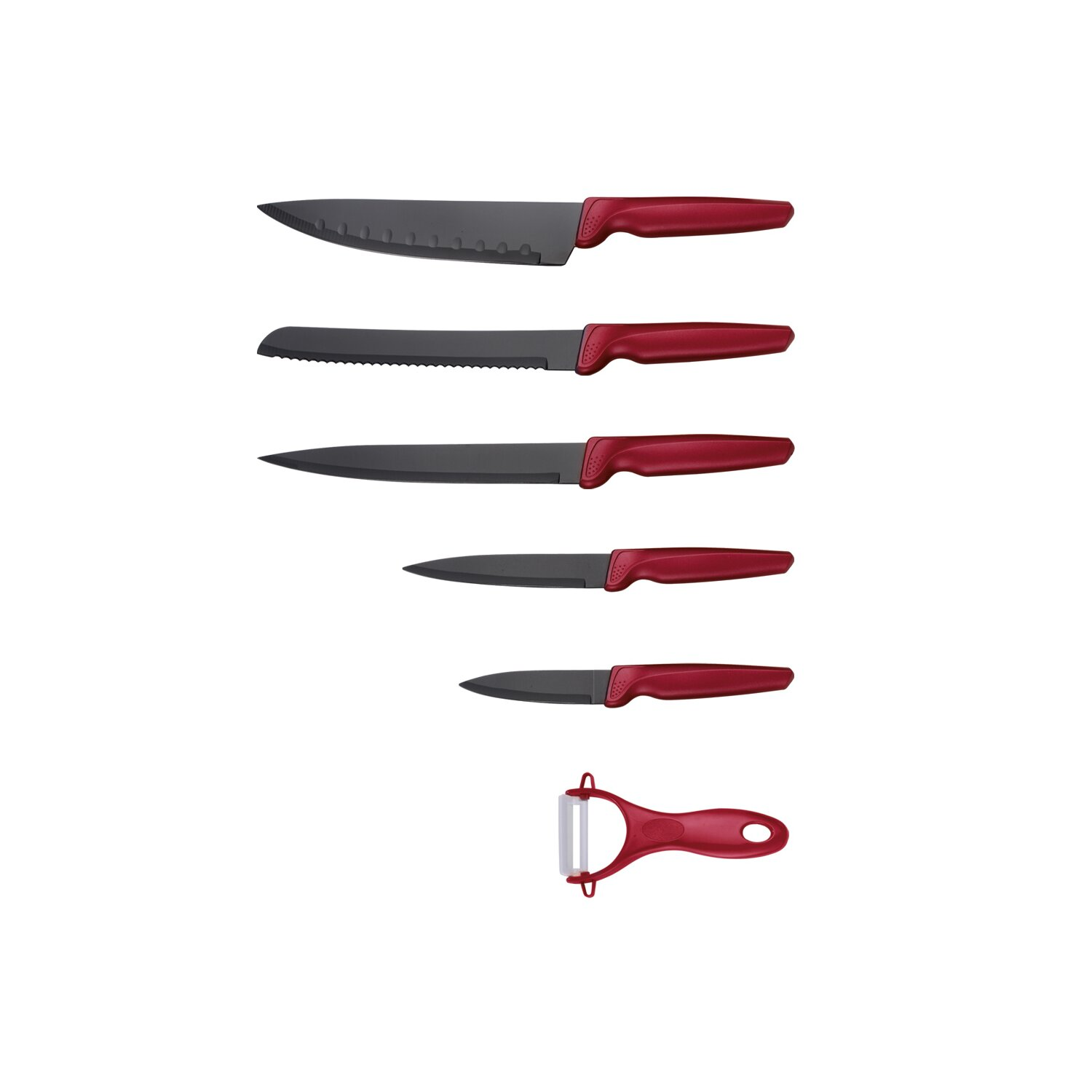 Ein Set Küchenmesser mit roten Griffen. Messer umfassen ein Kochmesser, Brotmesser und Schälmesser.