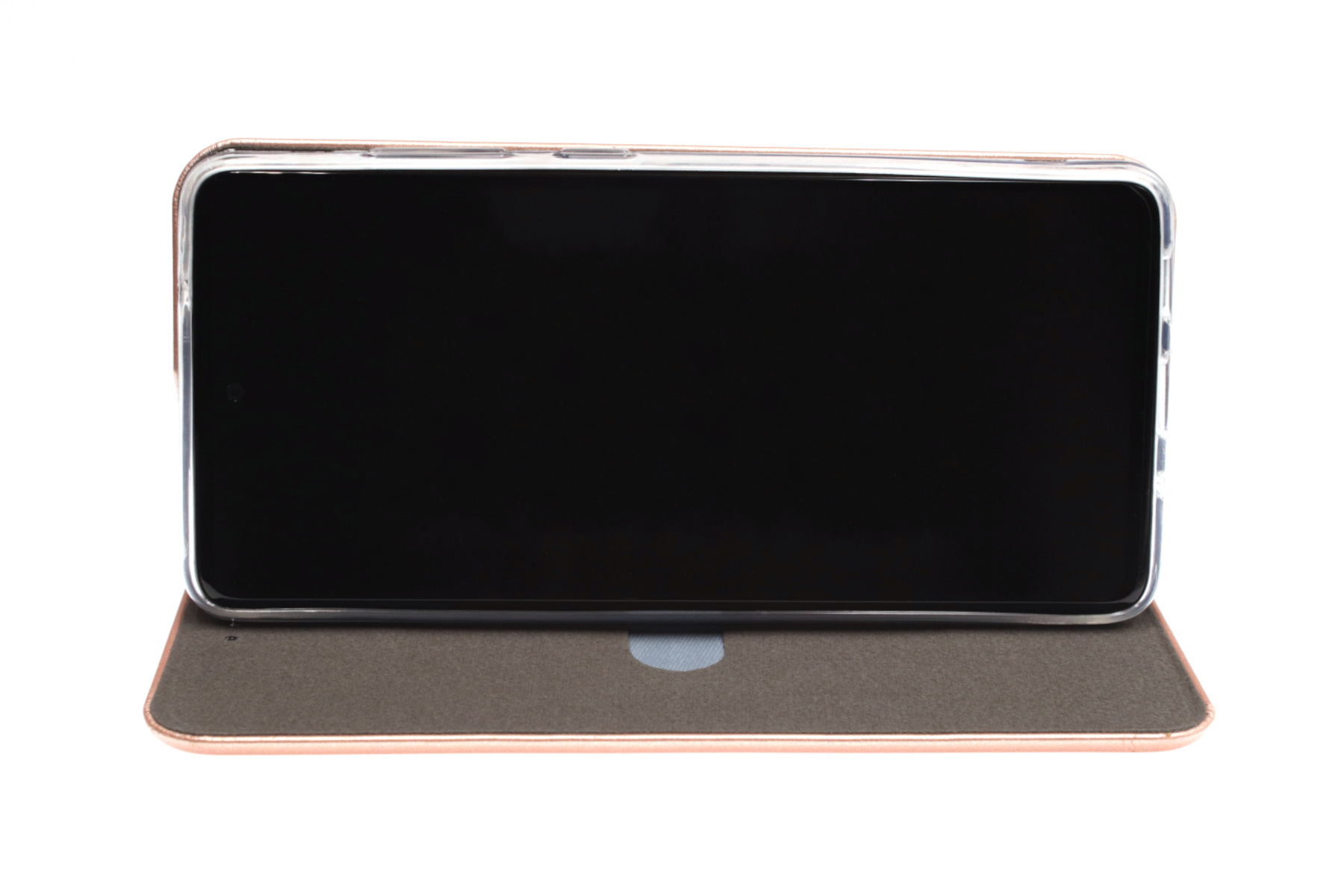 Ein Smartphone in einer Hülle ist geöffnet und zeigt den Bildschirm. Das Telefon liegt auf einer weißen Oberfläche.