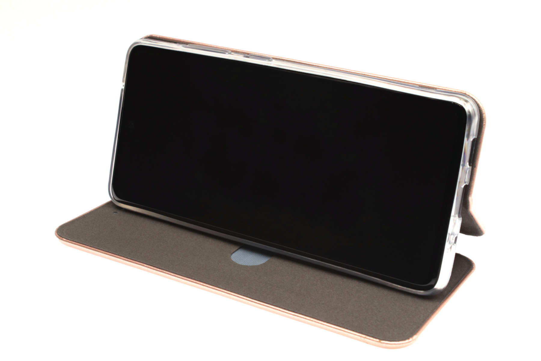 Ein Telefon ist in einem Gehäuse geöffnet und aufgestellt. Das Gehäuse ist braun und gold.