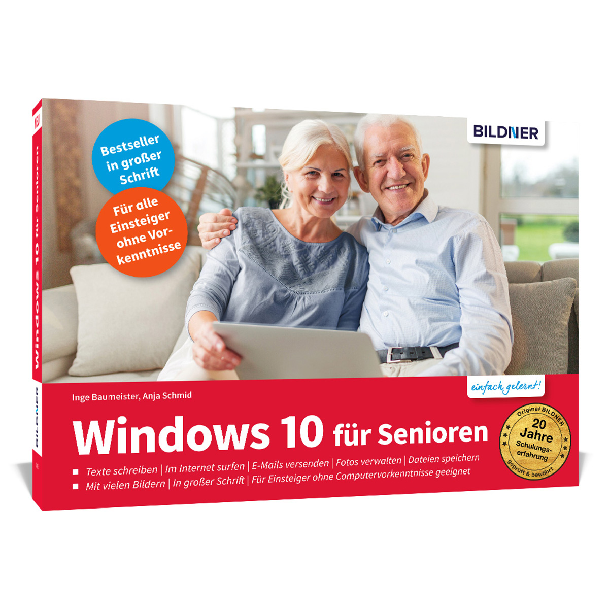 Buchcover: Älteres Ehepaar lächelt, Text auf Deutsch über Windows 10 für Senioren, auf Couch.