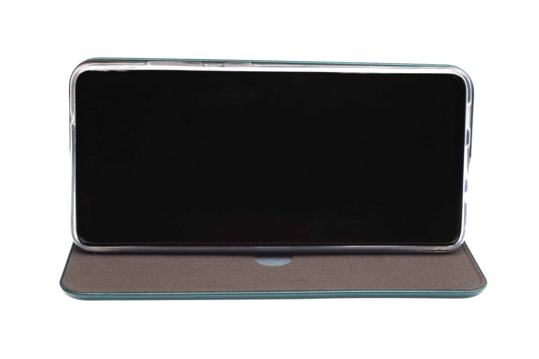 Ein Smartphone in einem grünen Etui, geöffnet, mit schwarzem Bildschirm, auf einer grünen Oberfläche.