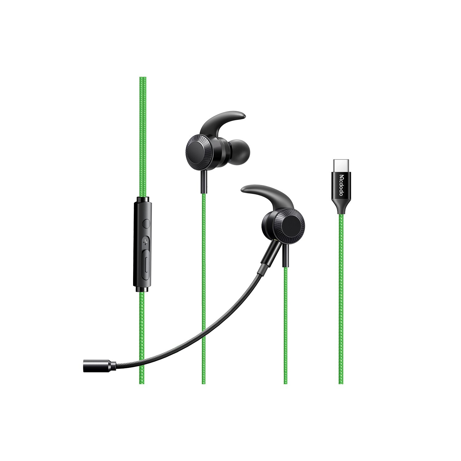 Schwarze Ohrhörer mit Mikrofon und grünen Kabeln. Ein USB-C-Anschluss ist ebenfalls sichtbar.
