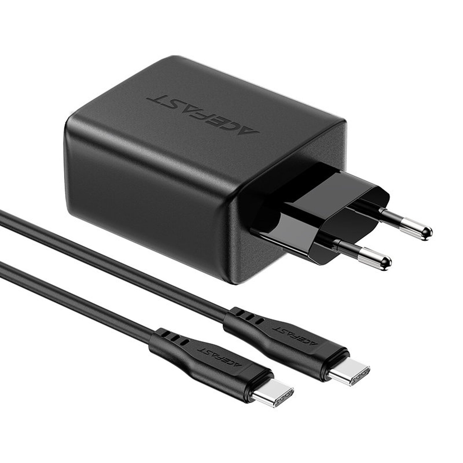Ein schwarzes ACEFAST-Ladegerät mit zwei angeschlossenen USB-C-Kabeln.