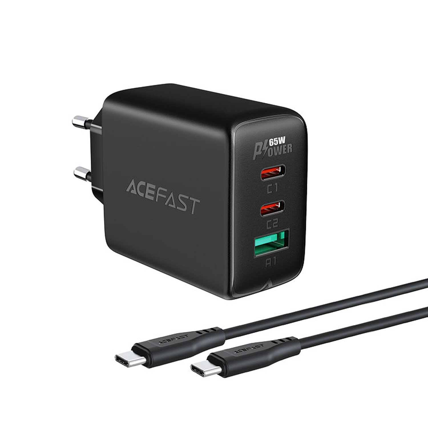 Ein schwarzes ACEFAST 65W-Netzteil mit drei USB-C-Anschlüssen und einem USB-A-Anschluss sowie zwei schwarzen Ladekabeln.