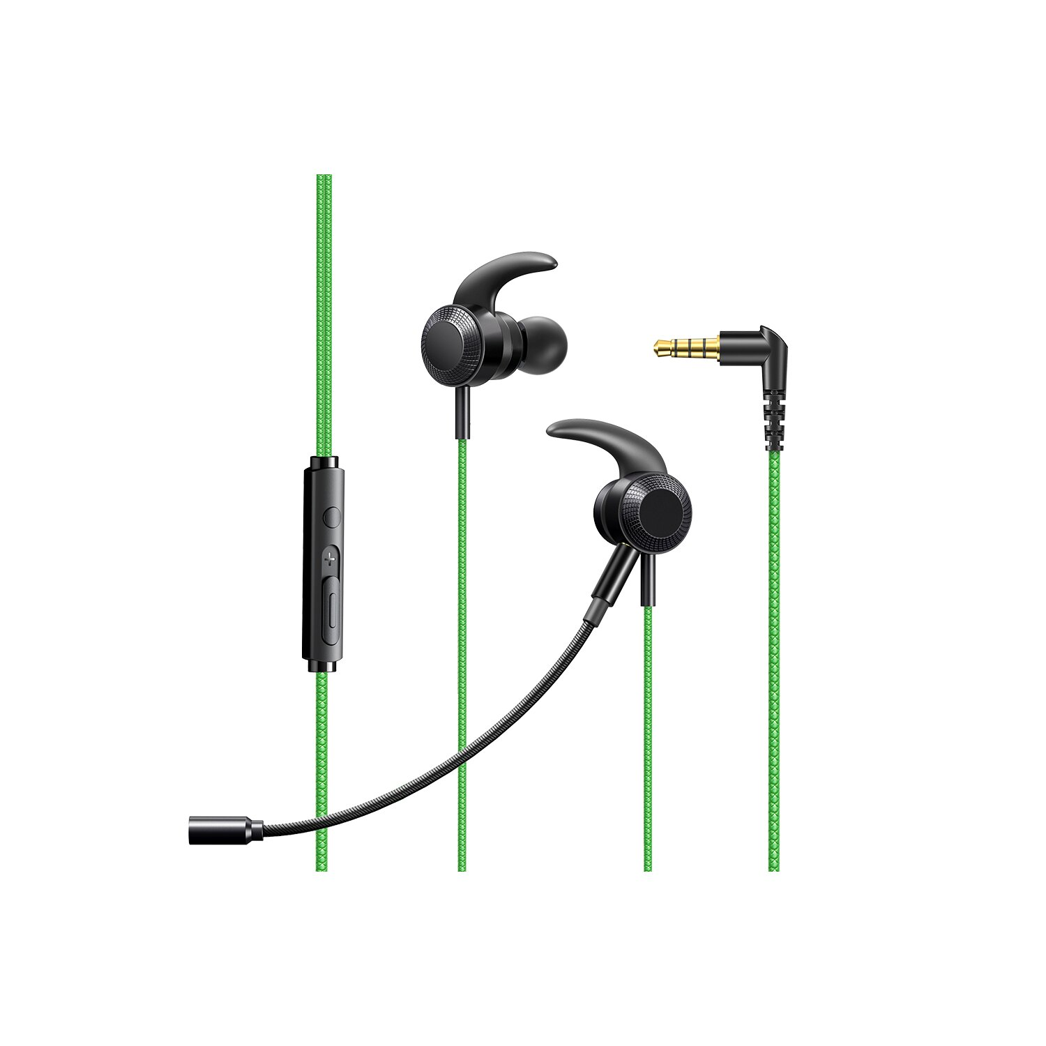 Schwarze und grüne Gaming-Kopfhörer. Einer hat ein Mikrofon. Der andere ist ein 3,5-mm-Klinkenstecker.