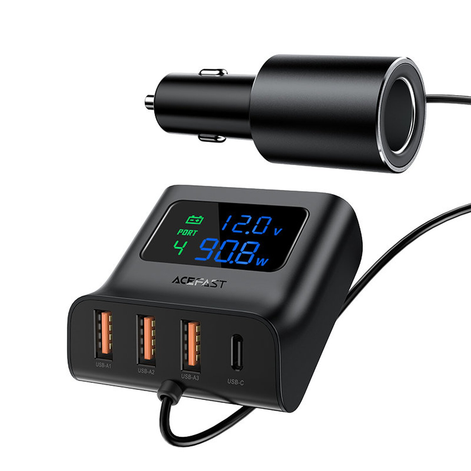 Schwarzes Autoladegerät mit mehreren USB-Anschlüssen. Digitalanzeige zeigt Spannung und Leistung.