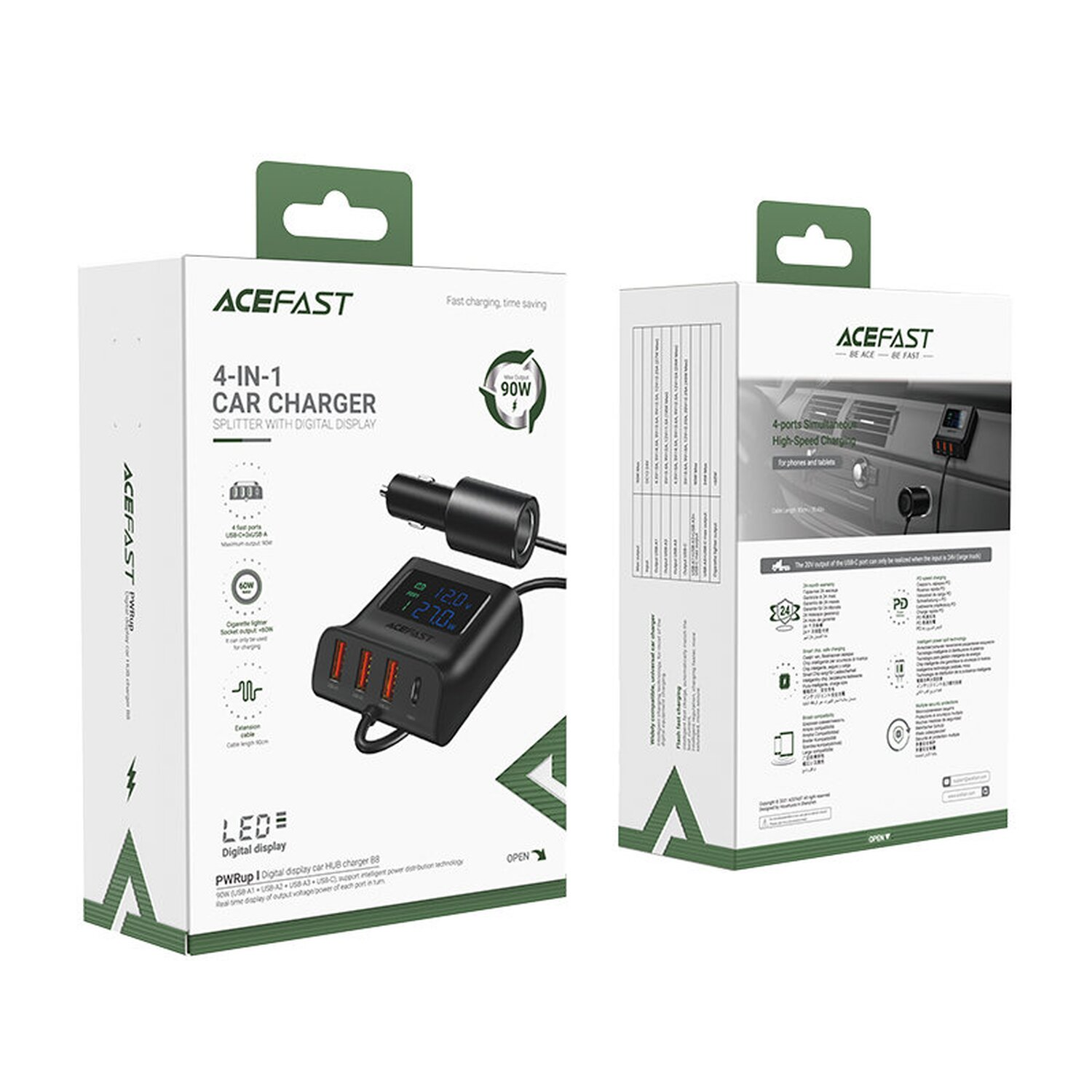 Box mit einem 4-in-1-Autoladegerät. Zeigt Ladedetails und ACEFAST-Branding auf Weiß.