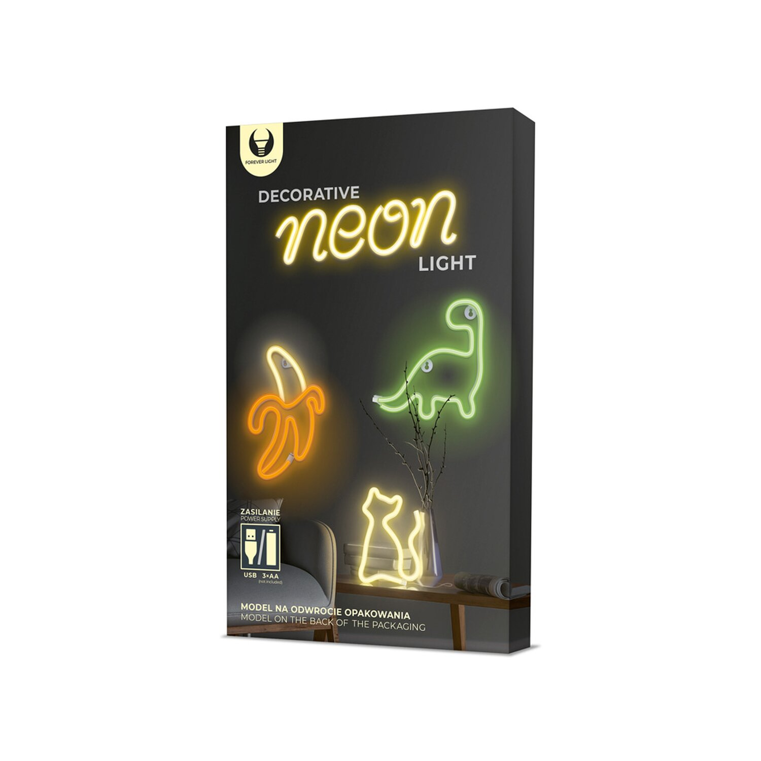 Box mit Neonlicht-Designs: Banane, Dinosaurier, Katze. Schwarzer Hintergrund.