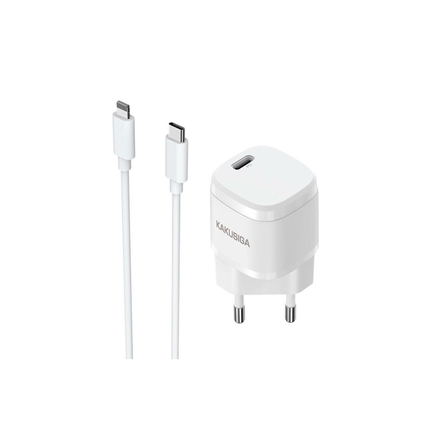 Ein weißes Ladegerät mit USB-C-Anschluss und zwei weißen USB-C-Kabeln auf weißer Oberfläche.