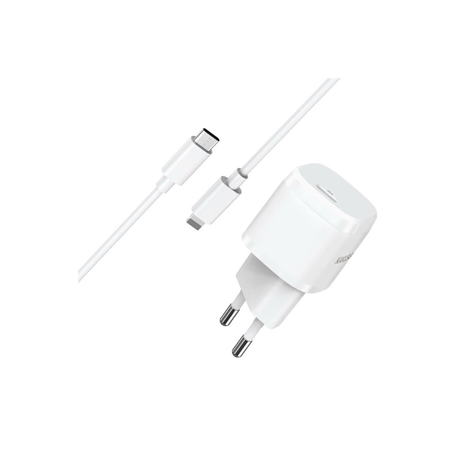 Weißes Ladegerät mit Stecker und einem USB-C- und einem USB-Kabel auf weißem Hintergrund.