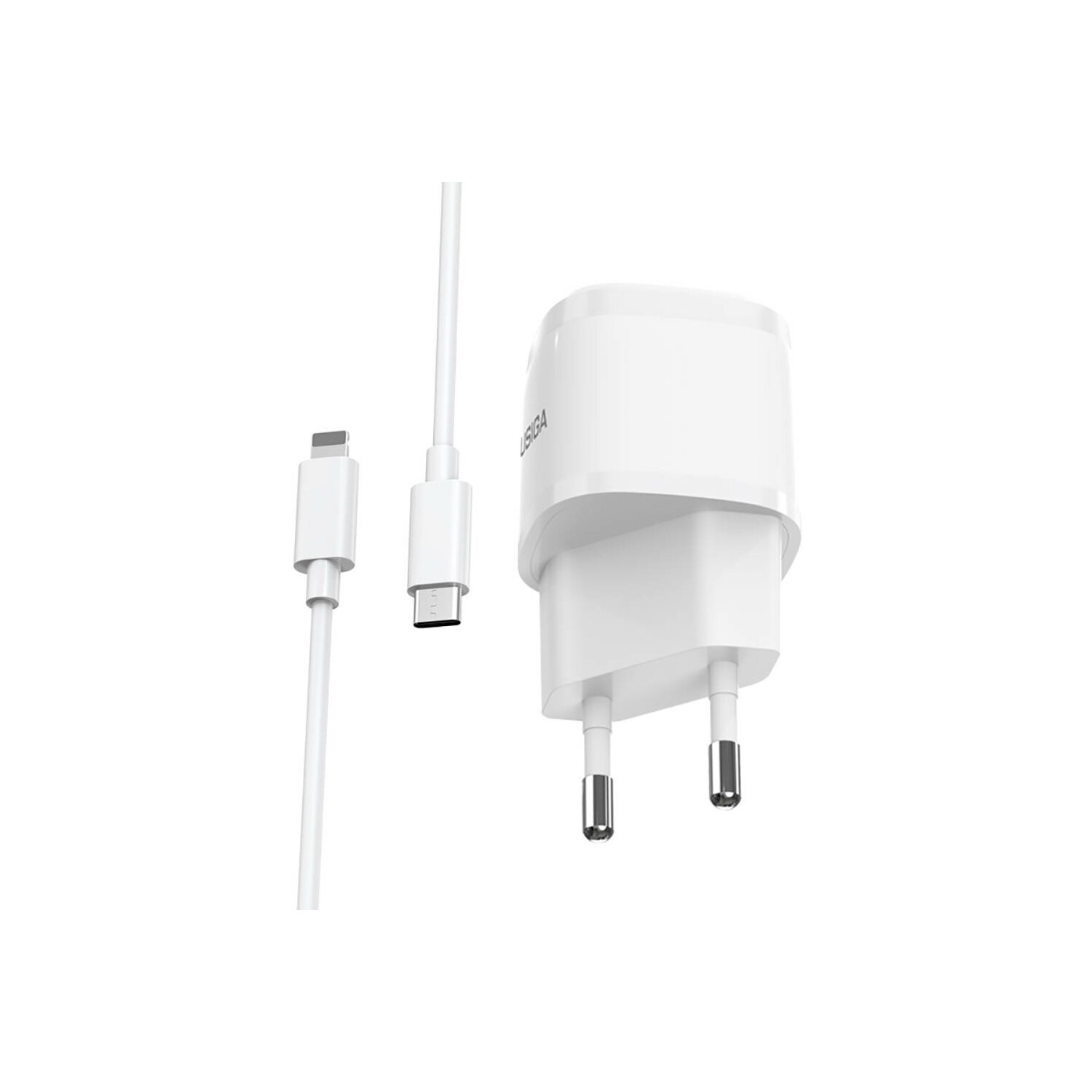 Weißes Ladegerät und Kabel. Das Ladegerät hat zwei Stifte. Das Kabel hat an jedem Ende einen USB-C-Anschluss.