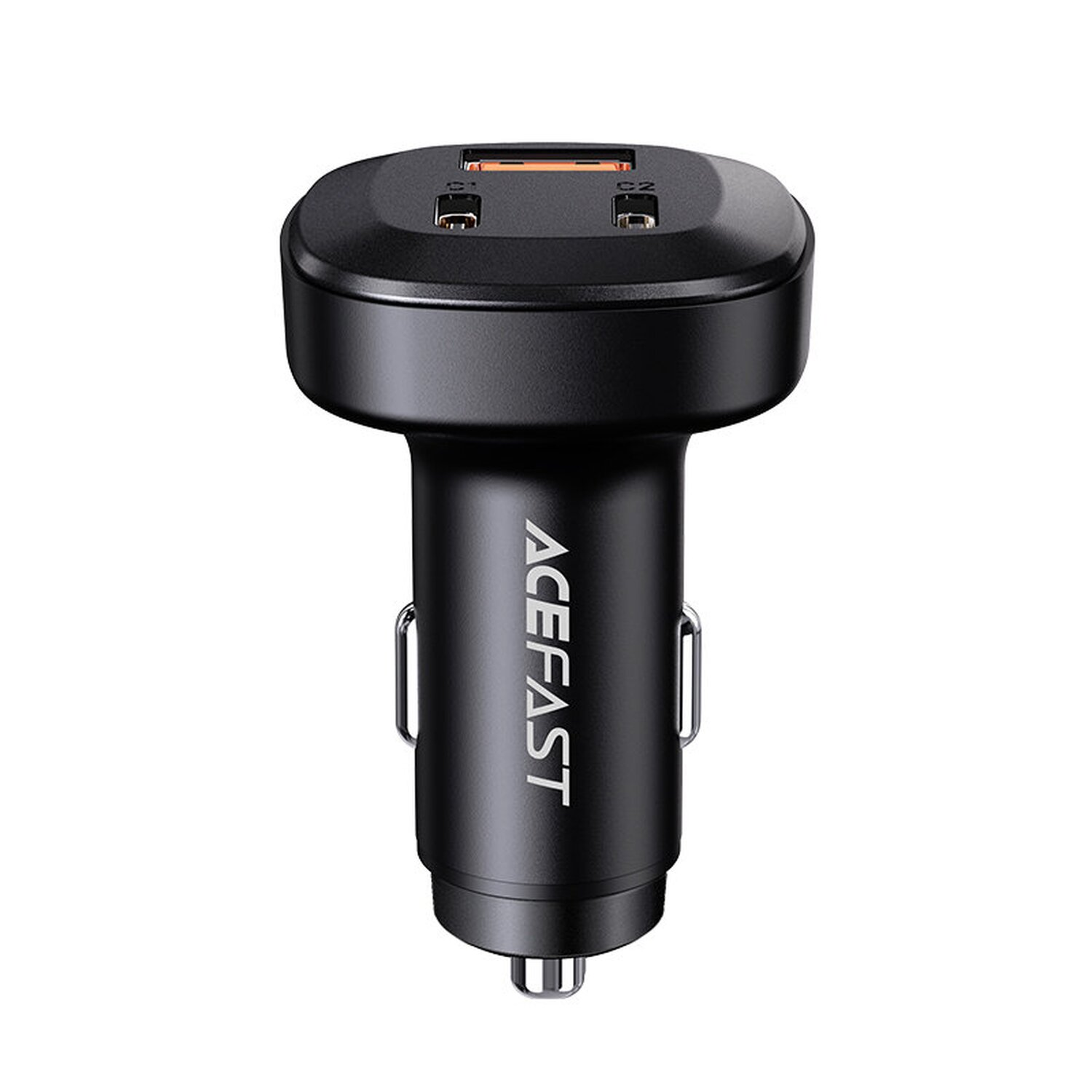 Schwarzes Autoladegerät mit zwei USB-Anschlüssen. Das Ladegerät trägt den Markennamen ACEFAST.