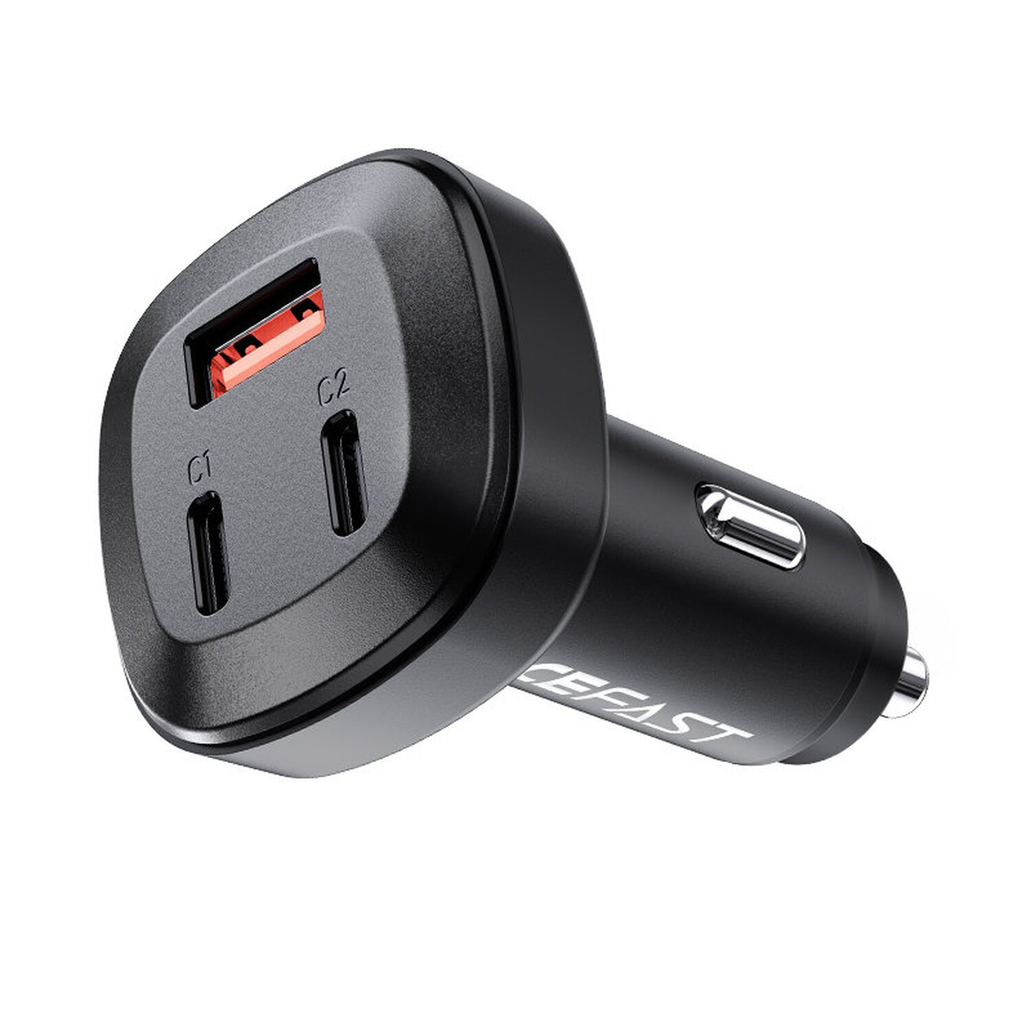 Ein schwarzes Autoladegerät mit zwei USB-C- und einem USB-A-Anschluss zum Laden.