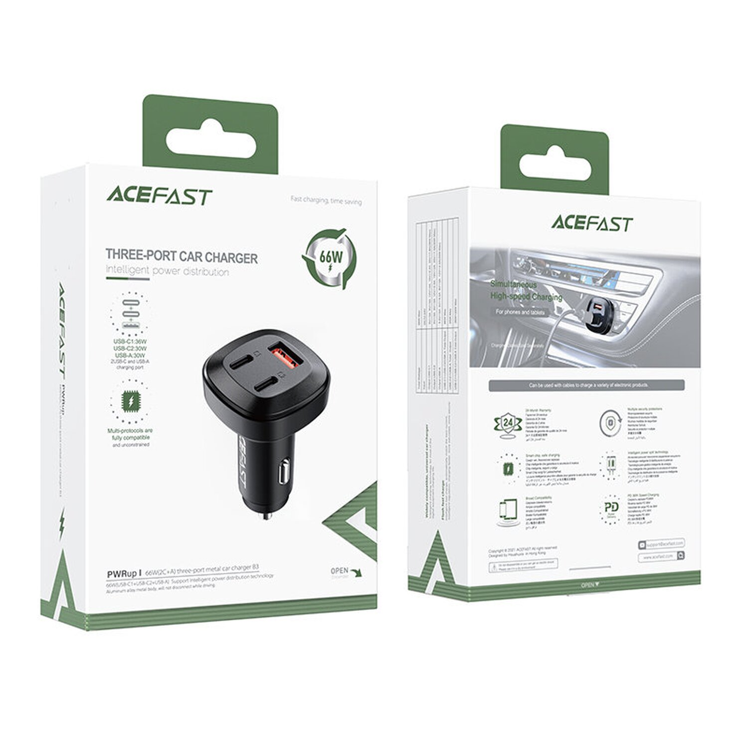 Verpackung eines Dreifach-Autoladegeräts mit Merkmalen auf der Schachtel.