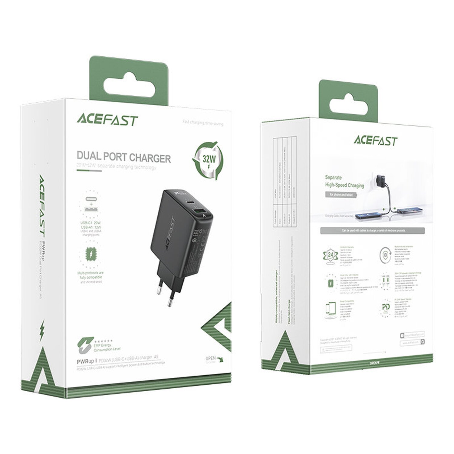 Weiß-grüne Box mit Abbildung eines Dual-Port-Ladegeräts. Text: ACEFAST.