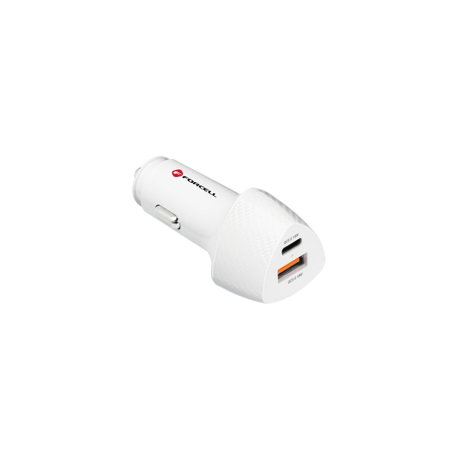 Un caricatore per auto bianco con due porte USB. Il caricatore ha il logo 'FORCELL'. Isolato su bianco.