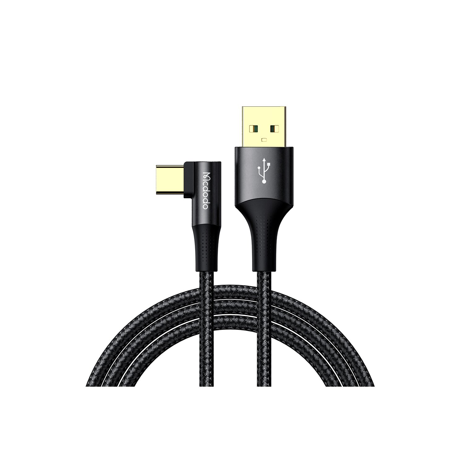 Ein schwarzes USB-C-zu-USB-Kabel mit geflochtenem Design, isoliert auf weißem Hintergrund.