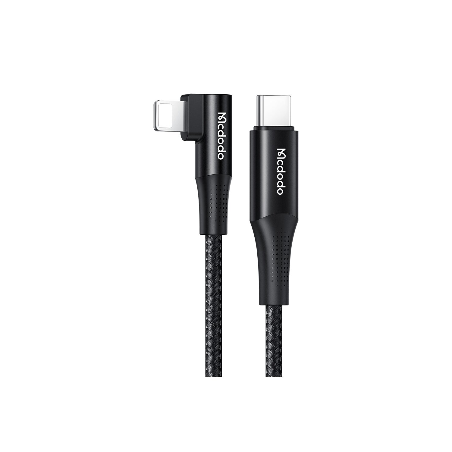 Schwarze Kabel mit USB-C- und Lightning-Anschlüssen auf weißem Hintergrund.