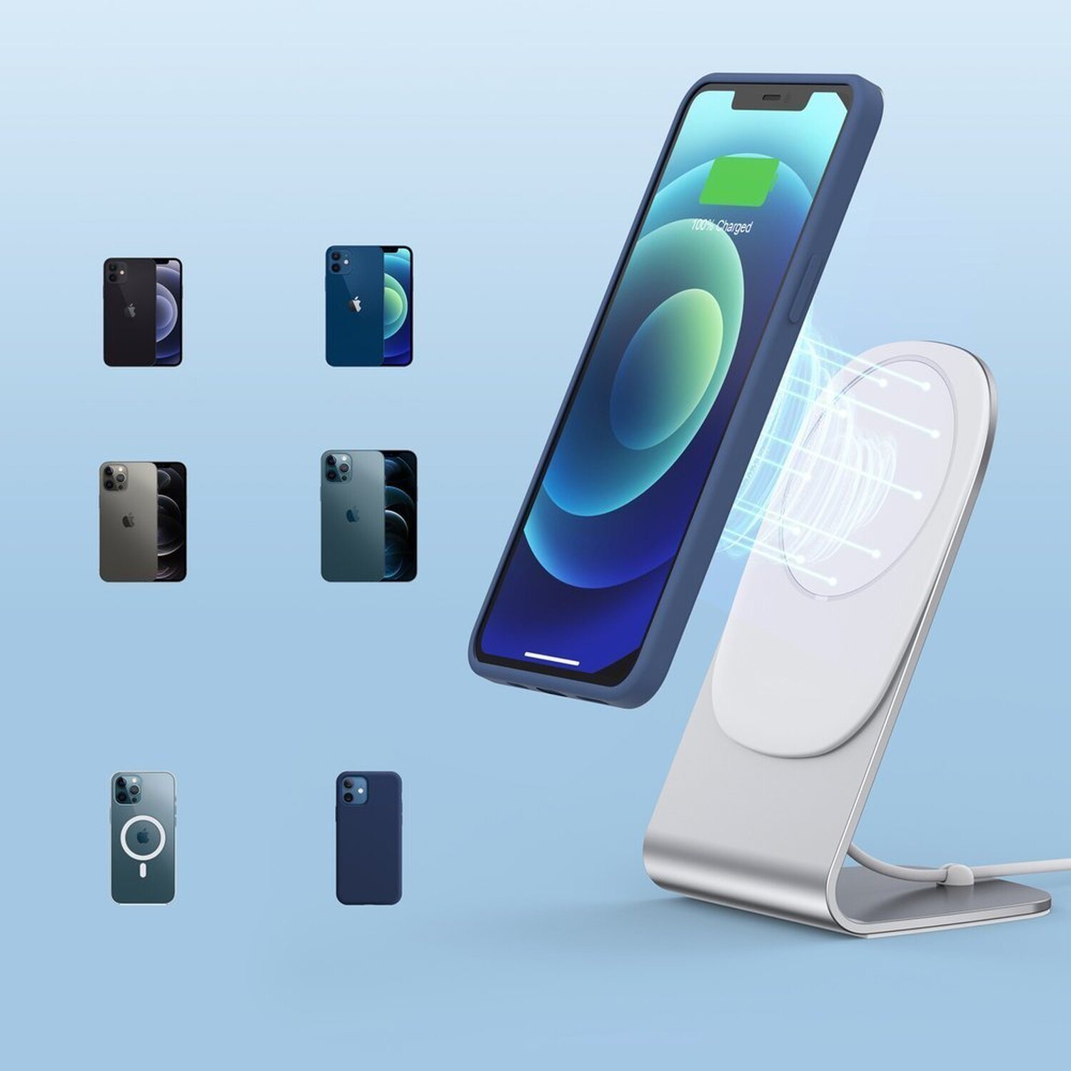 iPhone mit blauer Hülle und eine kabellose Ladestation. Andere iPhones werden gezeigt.