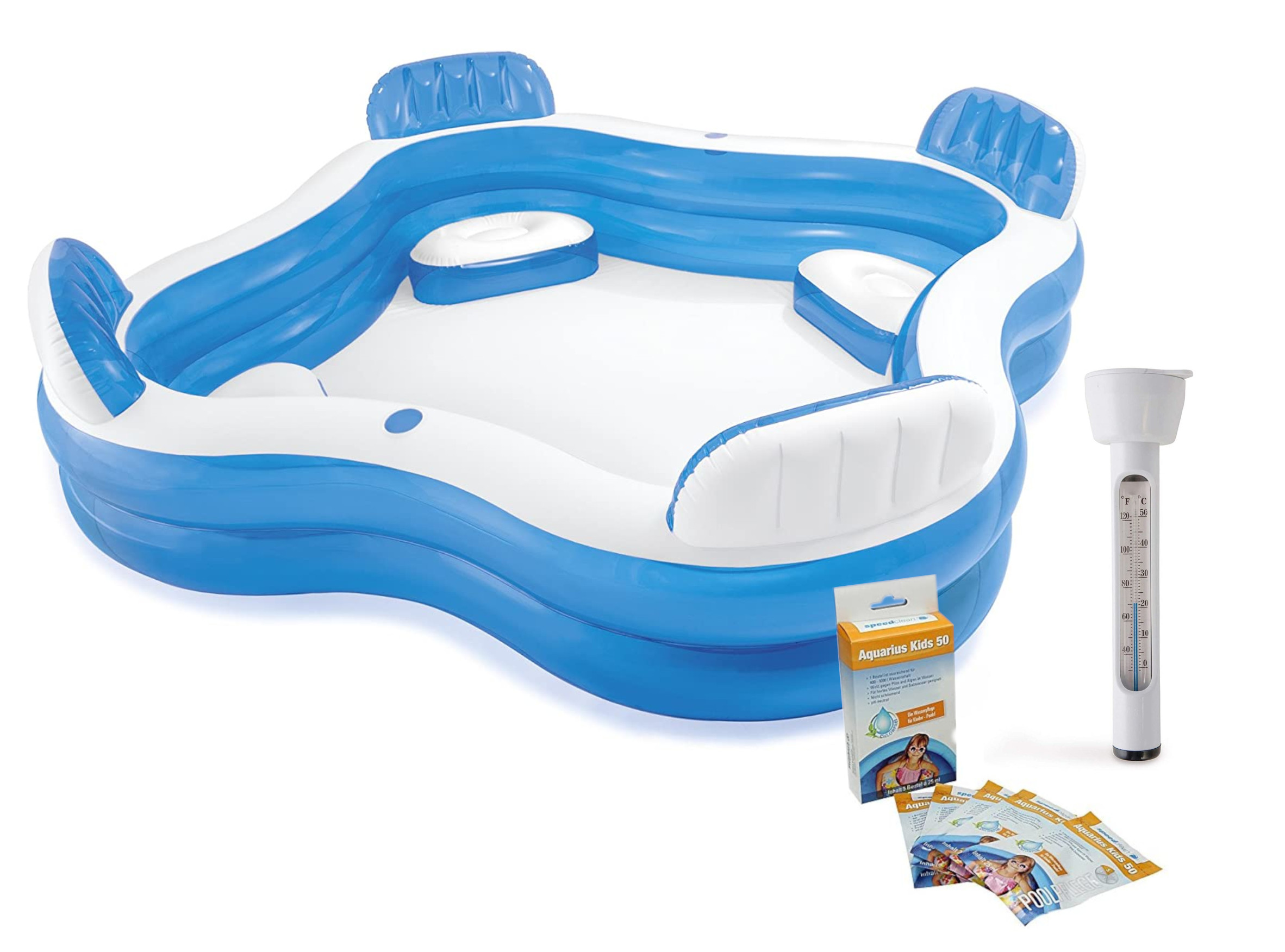 Aufblasbarer Pool mit blau-weißen Wänden und Zubehör wie Thermometer und Teststreifen.