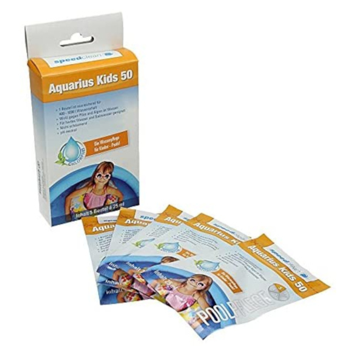 Schachtel mit Poolwasser-Behandlungstabletten. Tabletten und Schachtel sind abgebildet, mit Kind auf der Schachtel.