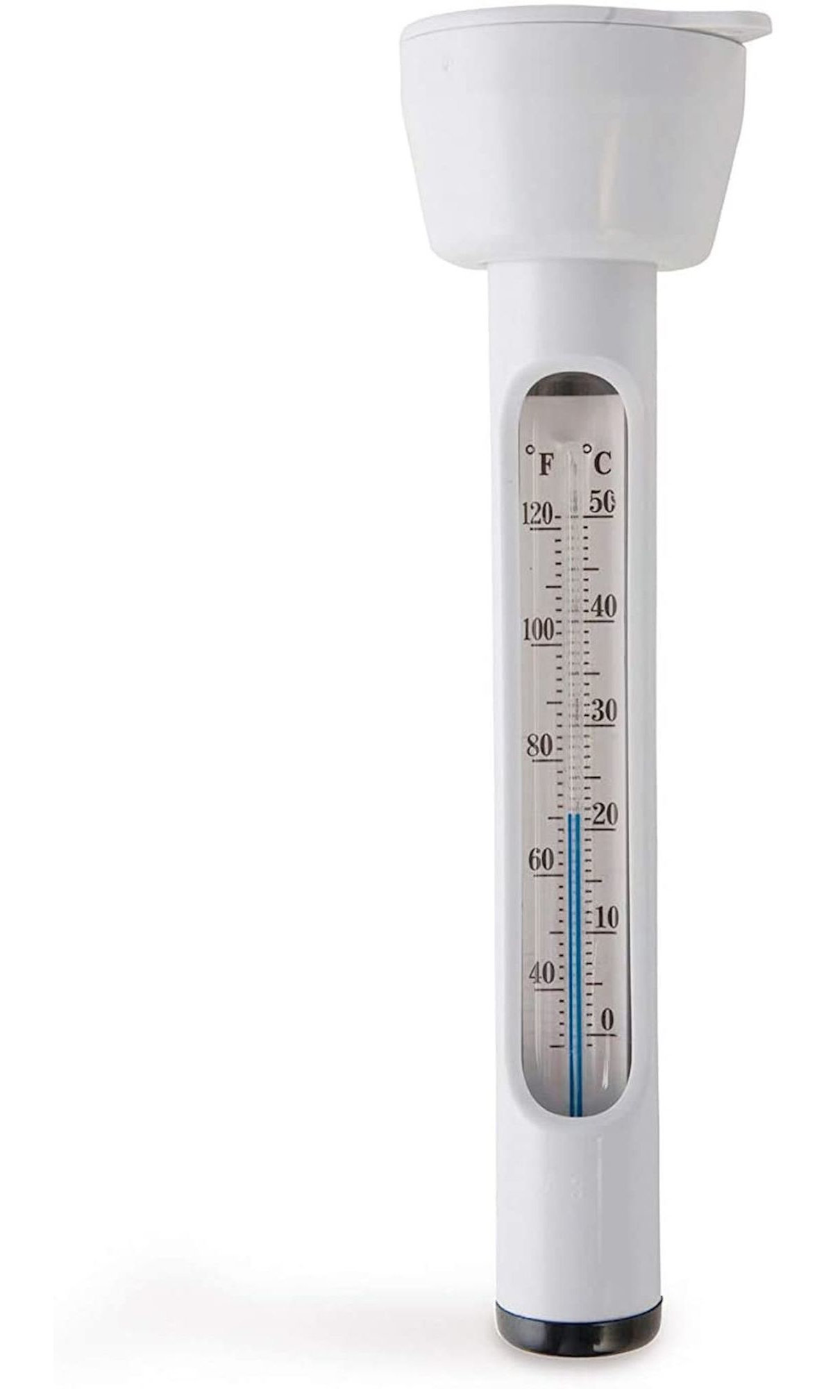 Weißes, schwimmendes Poolthermometer mit einer Temperaturskala in Fahrenheit und Celsius.