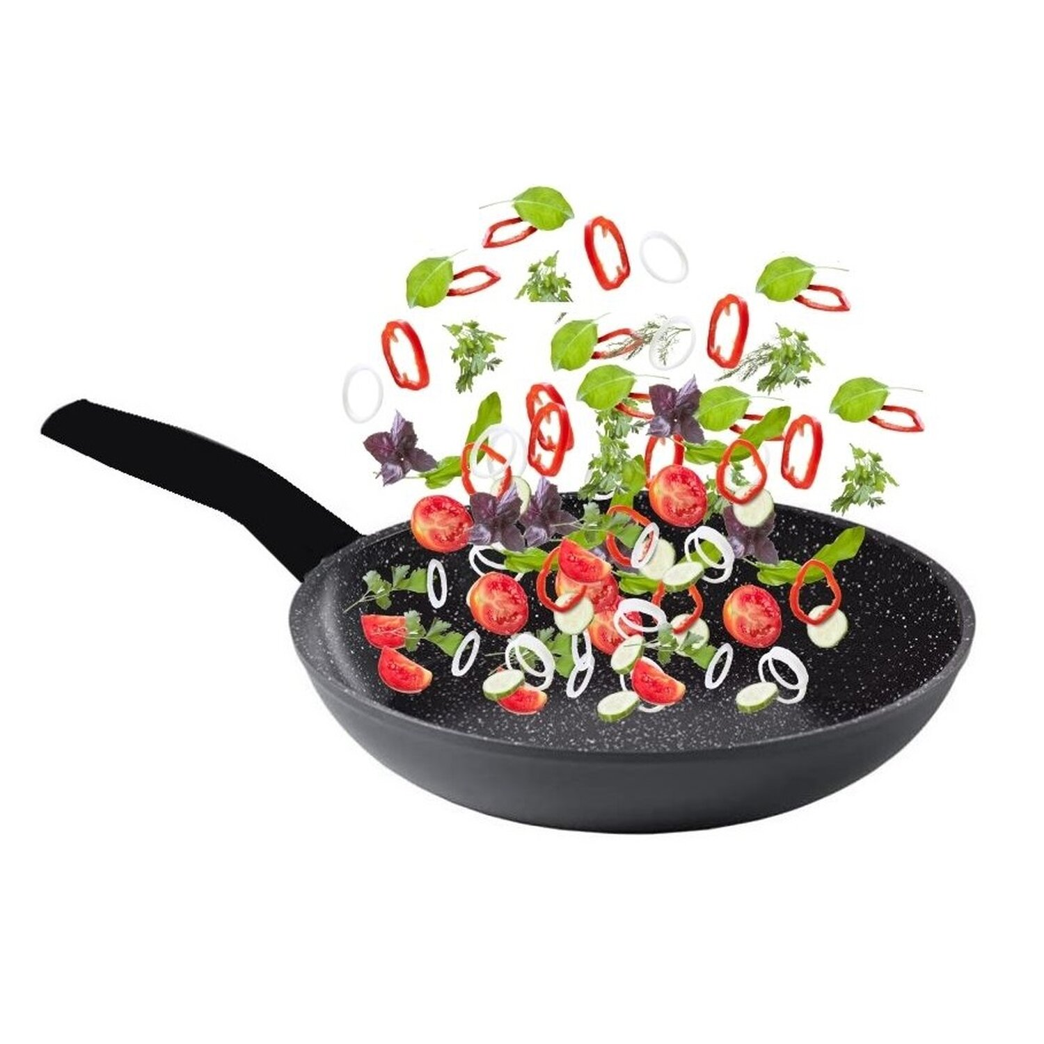 Pfanne mit Zutaten, die darüber schweben: Tomaten, Zwiebeln, Kräuter und Paprika.