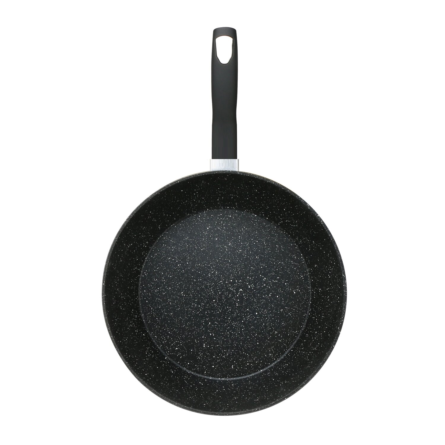 Draufsicht auf eine schwarze, gesprenkelte Bratpfanne mit langem, schwarzem Griff.