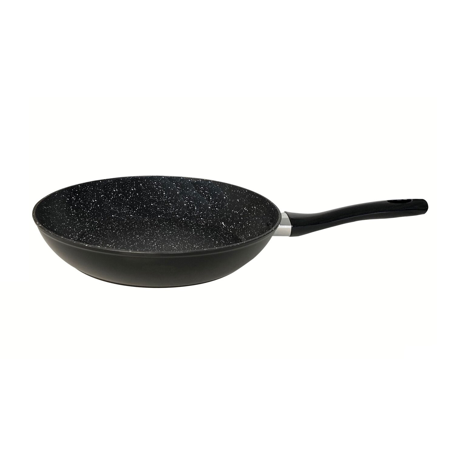 Eine schwarze Wok-Pfanne mit schwarzem Griff auf weißem Hintergrund.