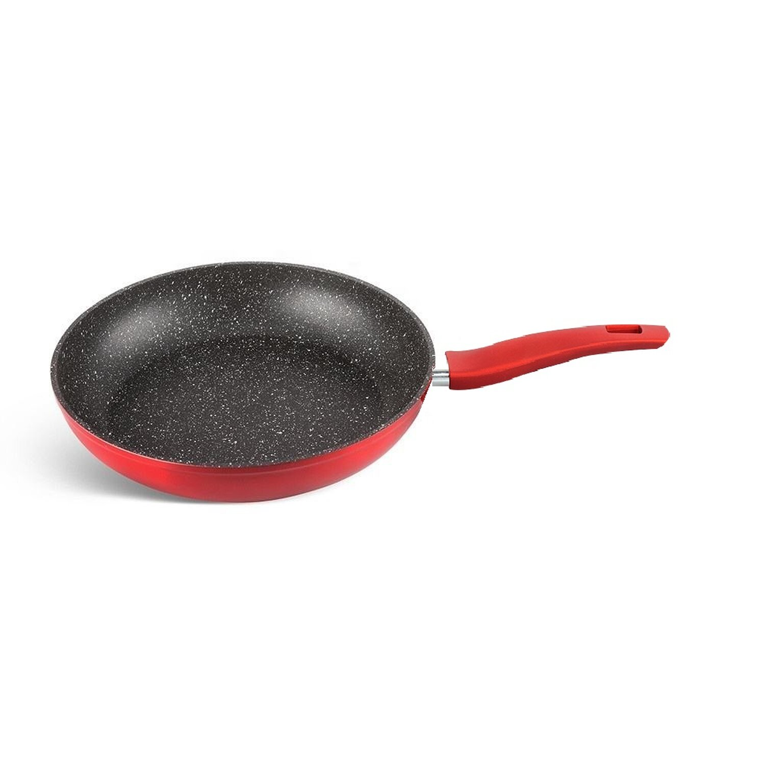 Roter Bratpfanne mit schwarzem, gesprenkeltem Innenraum und rotem Griff auf weißem Hintergrund.